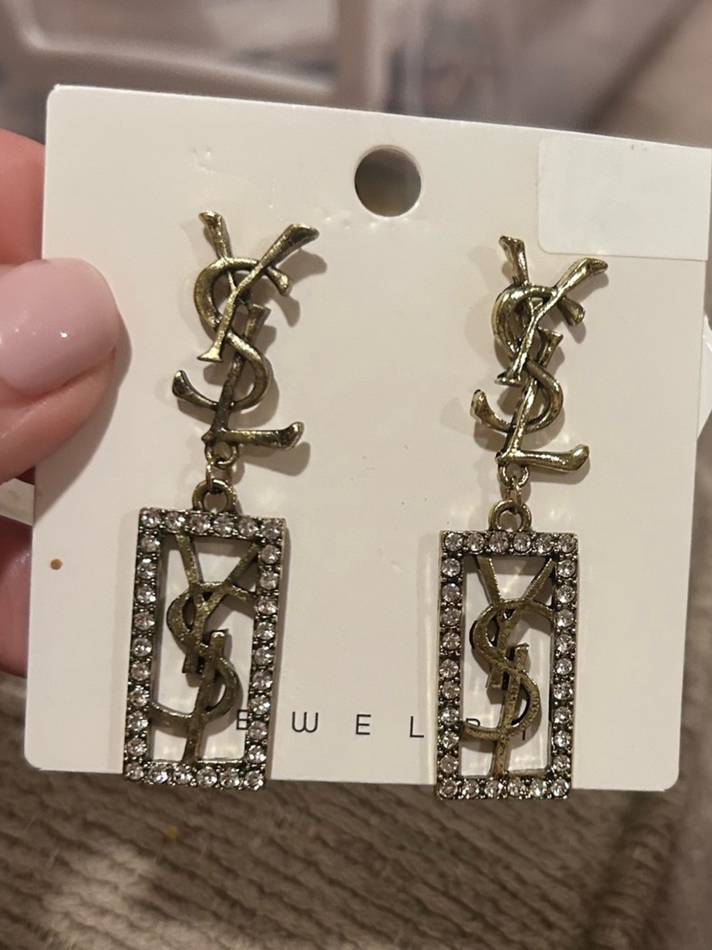 Fashion Jewelry Gold-tone Logo Drop Earrings with Clear Crystals - Picture 8 of 9